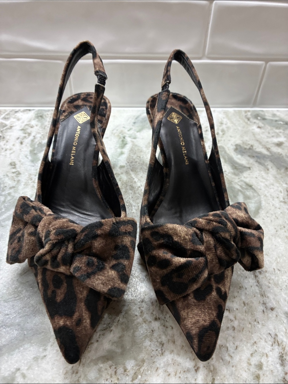 ANTONIO MELANI Leopard-Print Pointed Toe Slingback Pumps with Knot Detail